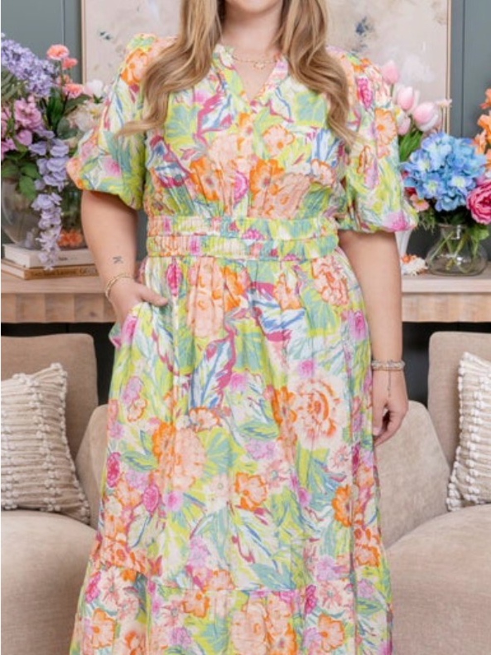 Floral Puff-Sleeve Maxi Dress for - Multicolor. Medium